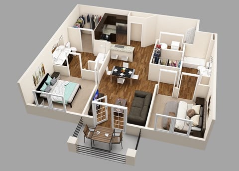 Floor plan for 2 beds, 2 baths, 1003 sqft